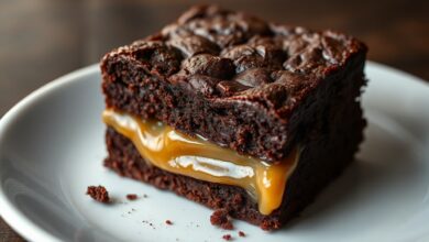 Uma fatia de brownie denso e úmido com uma camada visível de caramelo firme e dourado no meio, servida em um prato rústico.