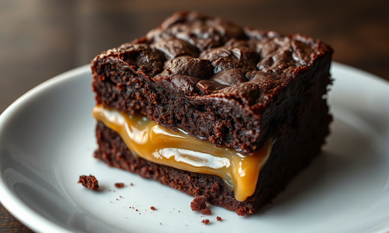 Brownie Com Caramelo Firme No Centro: Fácil E Irresistível 3 Uma fatia de brownie denso e úmido com uma camada visível de caramelo firme e dourado no meio, servida em um prato rústico.