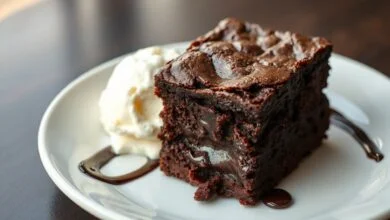 Fatia generosa de brownie denso com superfície craquelada e interior úmido e cremoso, servida com uma bola de sorvete de baunilha ao lado.