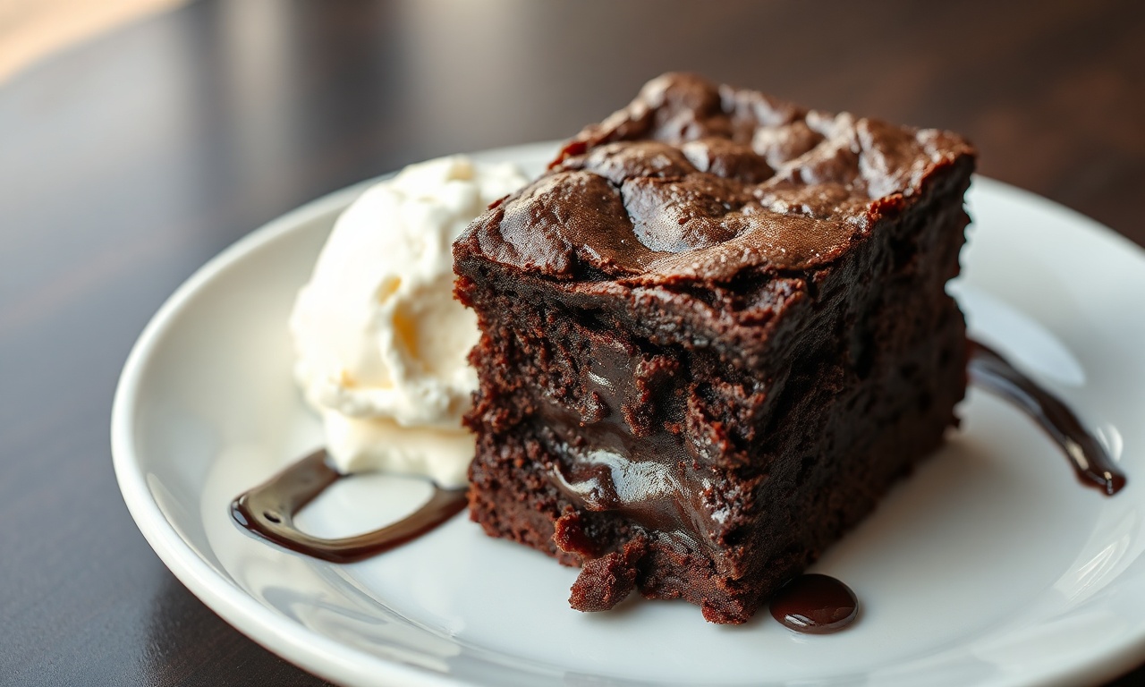 Brownie Com Casquinha Crocante E Miolo Cremoso: Receita Infalível 3 Fatia generosa de brownie denso com superfície craquelada e interior úmido e cremoso, servida com uma bola de sorvete de baunilha ao lado.