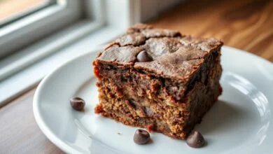 Um brownie com textura mais aerada e leve, com a superfície rachada característica e interior macio, fatiado e pronto para servir.