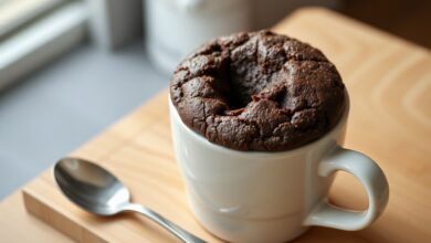 Brownie fofinho e úmido saindo da caneca, com textura de bolo e centro cremoso, pronto para comer.