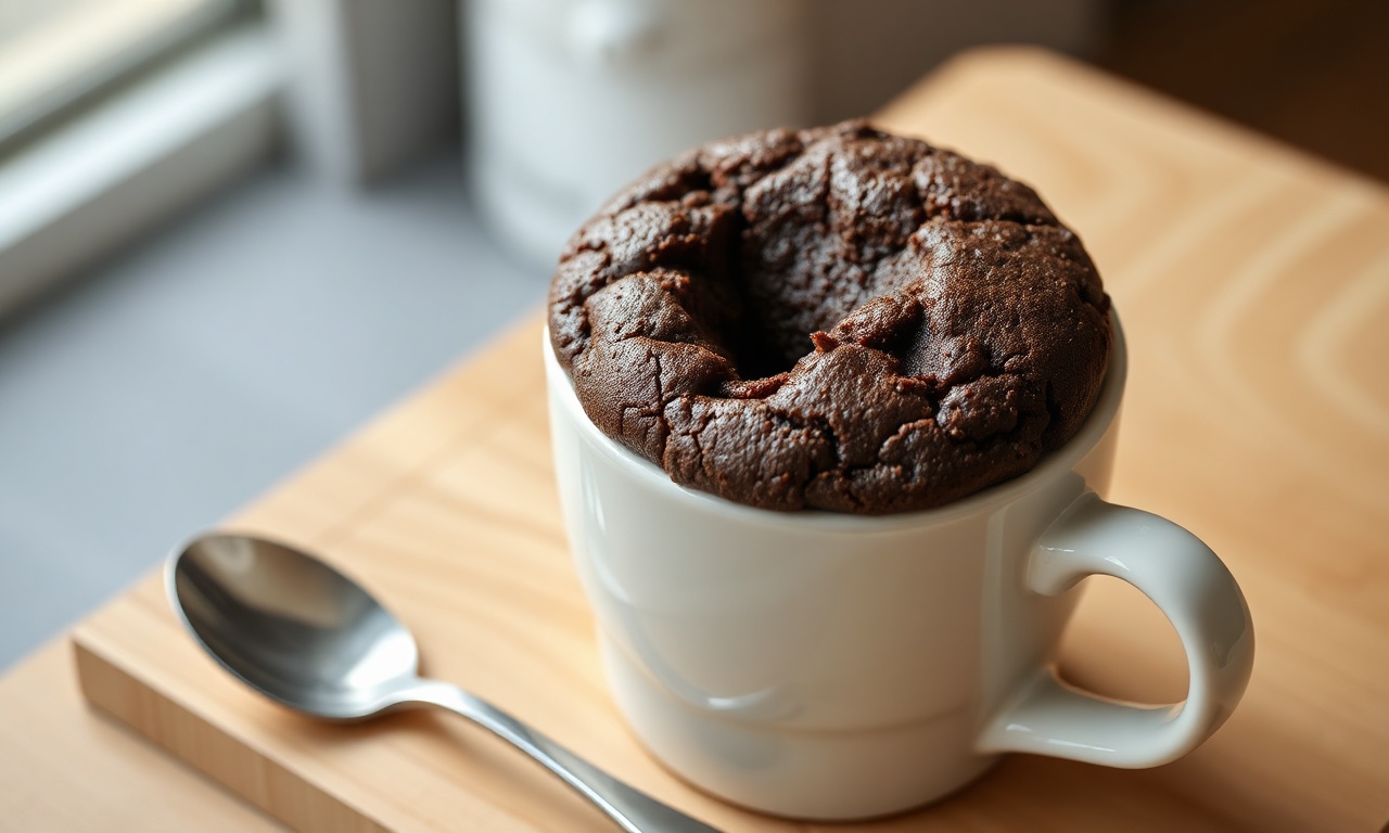 Brownie De Caneca Fofinho Em 3 Minutos: Apenas 6 Ingredientes 3 Brownie fofinho e úmido saindo da caneca, com textura de bolo e centro cremoso, pronto para comer.
