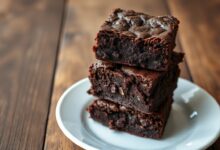Um brownie denso e úmido, com a superfície rachada e casquinha fina, fatiado e pronto para servir.