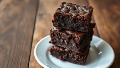 Um brownie denso e úmido, com a superfície rachada e casquinha fina, fatiado e pronto para servir.
