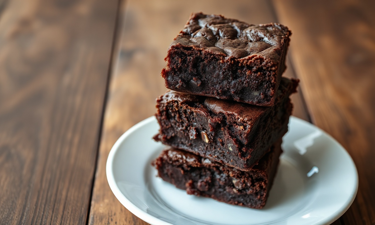 Um brownie denso e úmido, com a superfície rachada e casquinha fina, fatiado e pronto para servir.