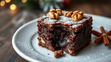 Um brownie de Natal denso e úmido, com uma crosta craquelada e nozes tostadas por cima. O interior é escuro, macio e cremoso, com um aroma visual de canela e cravo.