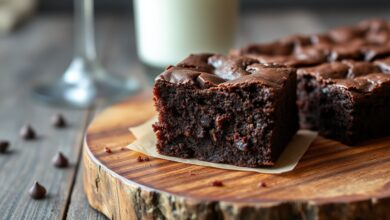 Um brownie de Nescau denso, com a superfície craquelada e o interior úmido, fatiado e servido em um prato rústico.