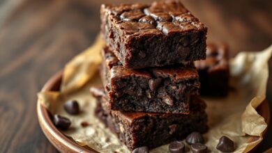 Quadrados de brownie com superfície craquelada brilhante, interior denso e úmido, servidos sobre prato rústico com lascas de chocolate