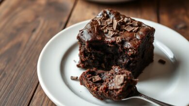 Brownie denso e úmido com a superfície craquelada dourada, fatiado ao meio revelando o interior macio e escuro, coberto com raspas de chocolate.