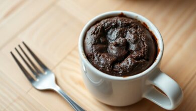Brownie individual úmido e intenso servido direto na caneca, com textura macia e crosta leve por cima.