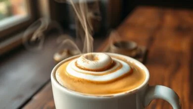 Creme de café denso e brilhante repousando sobre leite quente em uma xícara de cerâmica