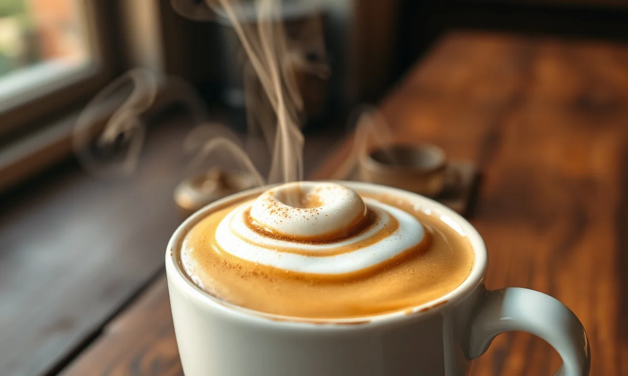 Creme de café denso e brilhante repousando sobre leite quente em uma xícara de cerâmica
