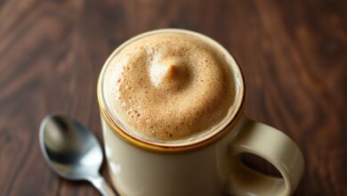 Uma caneca de cerâmica com café cremoso, mostrando a camada de espuma densa sobre o leite quente.