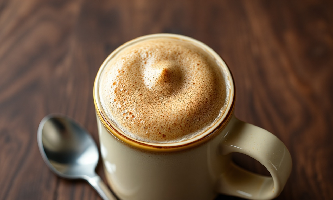Uma caneca de cerâmica com café cremoso, mostrando a camada de espuma densa sobre o leite quente.