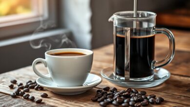 Xícara de café encorpado servido ao lado da prensa francesa de vidro, com tons de caramelo e creme na superfície.