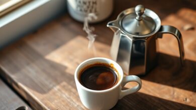 Xícara de café encorpado ao lado da icônica cafeteira italiana, pronta para servir.