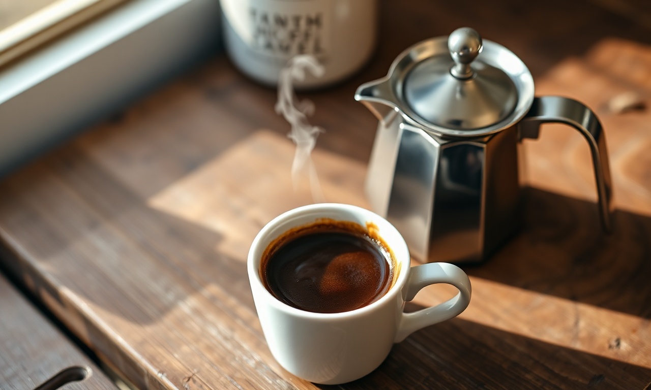 Cafeteira Italiana: O Guia Definitivo Para Um Café Perfeito 3 Xícara de café encorpado ao lado da icônica cafeteira italiana, pronta para servir.