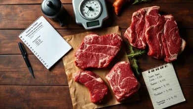 Vista atraente de diferentes cortes de carne crus e assados, representando o planejamento de quantidades.