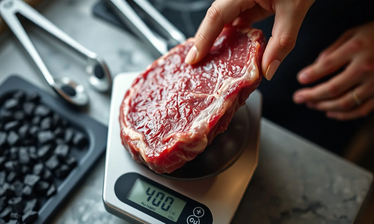 Mão de uma pessoa usando uma balança digital para pesar um pedaço de picanha crua, simbolizando o cálculo preciso.