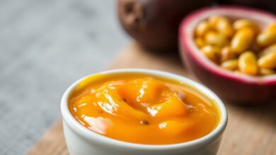 Uma tigela branca com a calda de maracujá de cor vibrante e sementes visíveis, pronta para cobrir sobremesas.