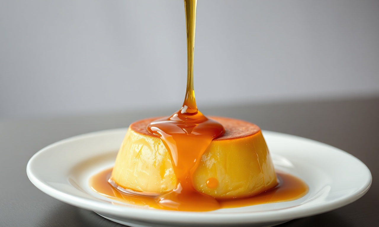 Calda de caramelo cor âmbar vertendo sobre um pudim perfeito
