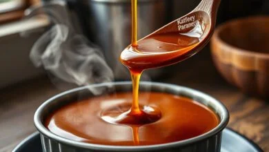Calda de caramelo brilhante e escura sendo despejada de uma colher de pau, formando um fio contínuo sobre a forma de pudim.