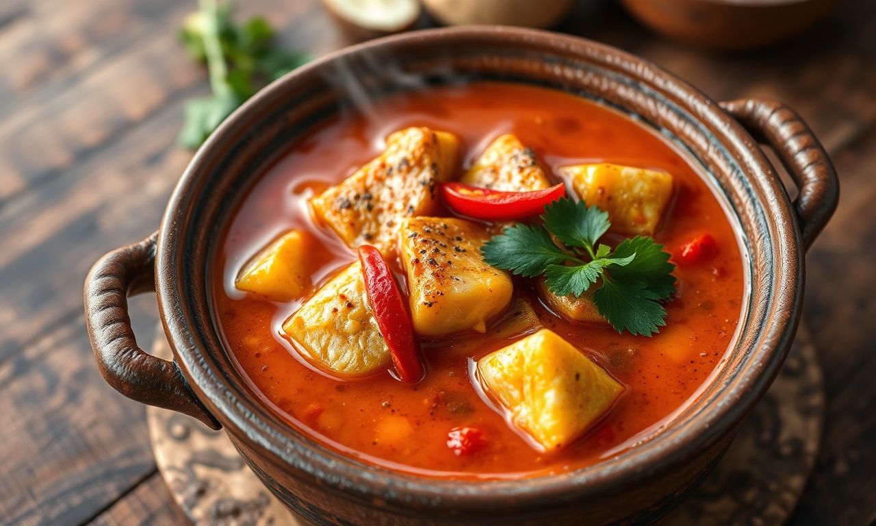 Caldeirada De Tucunaré: Receita Paraense Autêntica Em 45 Min 3 Postas de tucunaré dourado em caldo cremoso de dendê e leite de coco, com pedaços de pimentão vermelho e coentro fresco, servida em panela de barro.