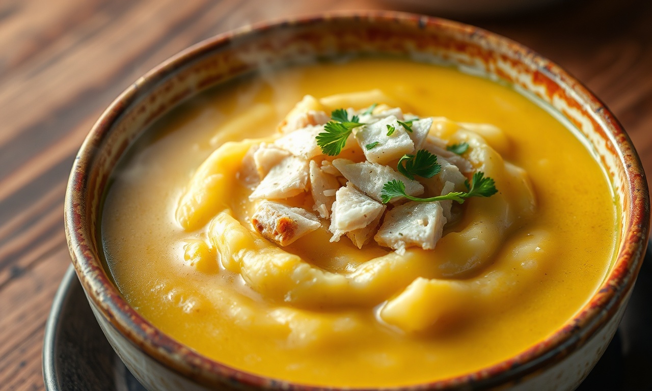 Caldinho De Bacalhau Cremoso Com Batata Amassada No Caldo 3 Uma tigela fumegante de caldinho de bacalhau dourado e aveludado, com lascas de bacalhau desfiado e salsinha fresca.