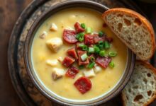 Um caldo espesso e aveludado, com pedaços de mandioca, bacon dourado e linguiça, finalizado com cebolinha fresca.
