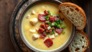 Um caldo espesso e aveludado, com pedaços de mandioca, bacon dourado e linguiça, finalizado com cebolinha fresca.