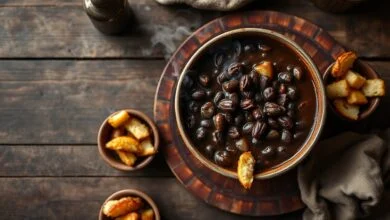 Um bowl de caldo de feijão fumegante, acompanhado por uma tigela com torresmo dourado e cebola caramelizada, e outra com croutons crocantes.