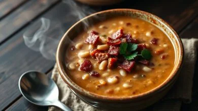 Uma tigela fumegante de caldo de feijão aveludado, coberta com bacon crocante e salsinha fresca.