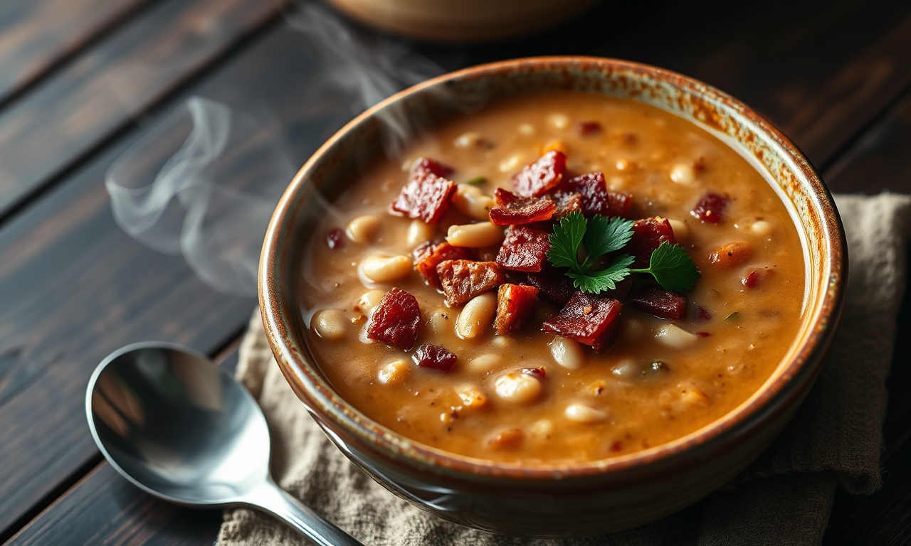 Uma tigela fumegante de caldo de feijão aveludado, coberta com bacon crocante e salsinha fresca.