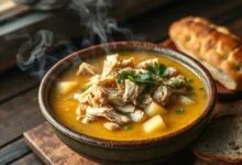 Tigela generosa de caldo de frango cremoso e dourado, com pedaços de frango desfiado e mandioca macia, finalizado com cheiro-verde fresco.