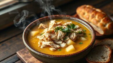 Tigela generosa de caldo de frango cremoso e dourado, com pedaços de frango desfiado e mandioca macia, finalizado com cheiro-verde fresco.