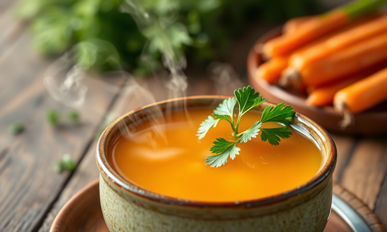 Caldo dourado e cristalino servido em uma tigela de cerâmica rústica, com um ramo de salsinha fresca ao lado e vegetais de fundo desfocados.
