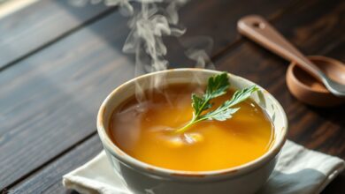 Um caldo dourado e límpido, servido em uma tigela de cerâmica rústica, com um ramo de salsão fresco flutuando sutilmente.