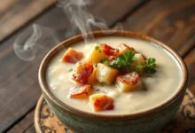 Tigela de caldo de mandioca cremoso, com pedaços macios de mandioca, coberto com bacon crocante e salsinha fresca.