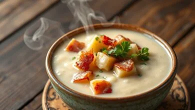 Tigela de caldo de mandioca cremoso, com pedaços macios de mandioca, coberto com bacon crocante e salsinha fresca.