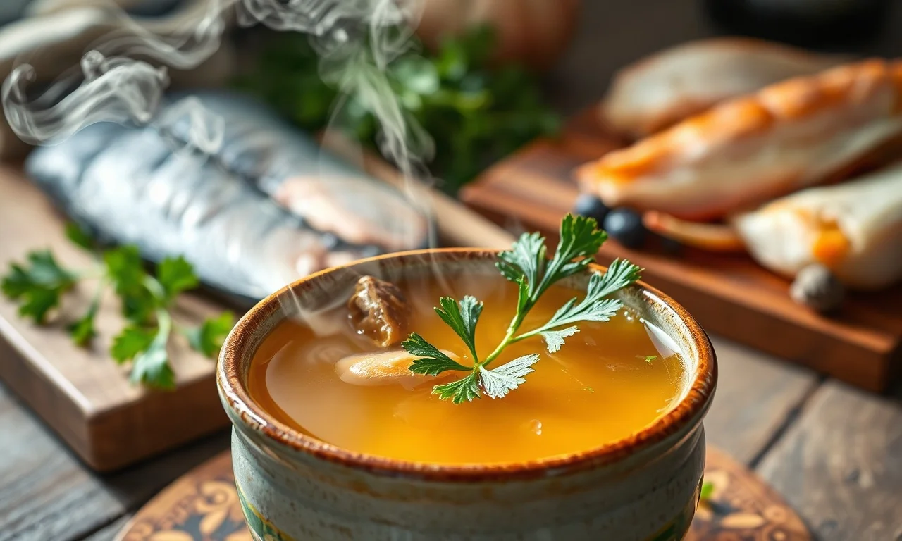 Caldo De Peixe Para Risoto: Fácil E Perfeito Em 40 Minutos 3 Um caldo límpido e dourado, servido em uma tigela de cerâmica rústica, transmitindo a pureza e o sabor do preparo caseiro.