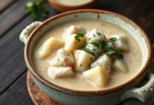 Tigela de caldo de peixe cremoso, com pedaços de peixe branco cozido, cubos de batata e salsinha fresca picada, servido em uma tigela de cerâmica rústica sobre uma mesa de madeira.