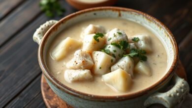 Tigela de caldo de peixe cremoso, com pedaços de peixe branco cozido, cubos de batata e salsinha fresca picada, servido em uma tigela de cerâmica rústica sobre uma mesa de madeira.