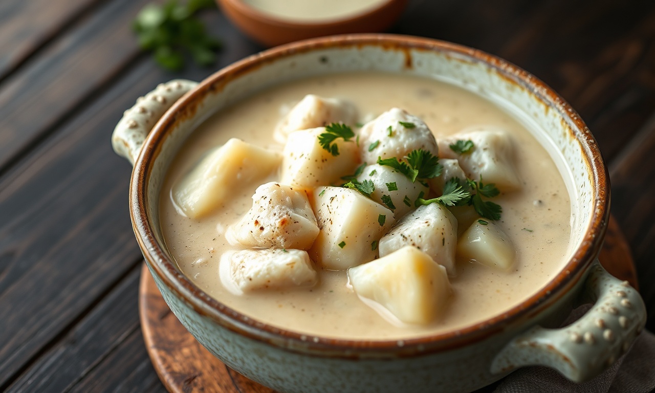 Caldo De Peixe Cremoso: Fácil Em 35 Min Com 8 Ingredientes 3 Tigela de caldo de peixe cremoso, com pedaços de peixe branco cozido, cubos de batata e salsinha fresca picada, servido em uma tigela de cerâmica rústica sobre uma mesa de madeira.