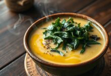 Tigela de caldo verde cremoso com tiras finas de couve vibrante, finalizado com um fio de azeite e pimenta.