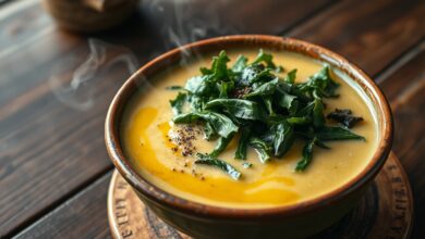 Tigela de caldo verde cremoso com tiras finas de couve vibrante, finalizado com um fio de azeite e pimenta.