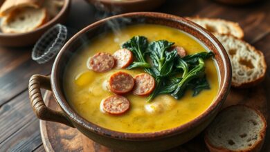 Tigela fumegante de caldo verde cremoso, com tiras de couve vibrante, rodelas de linguiça dourada e um fio de azeite.