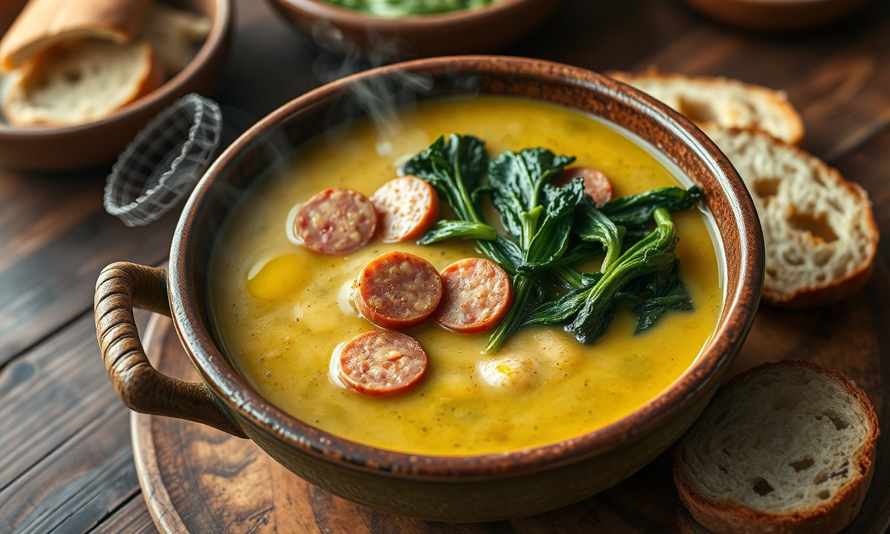 Tigela fumegante de caldo verde cremoso, com tiras de couve vibrante, rodelas de linguiça dourada e um fio de azeite.