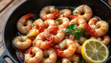 Camarões rosados e macios, salteados com alho dourado e finalizados com salsinha fresca.