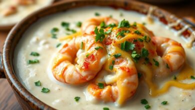 Camarões rosados e macios envoltos em um molho branco aveludado, cobertos com queijo muçarela dourado e gratinado, finalizados com salsinha fresca picada.